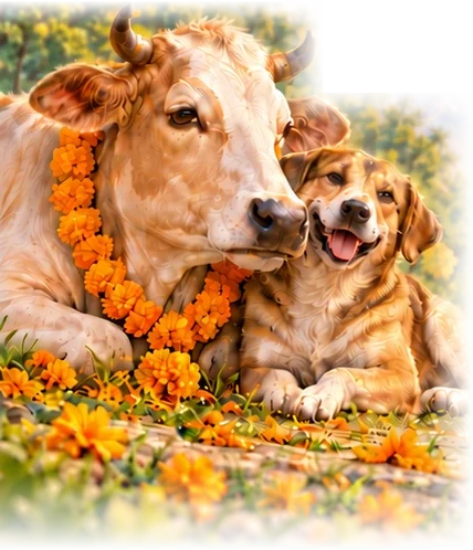 A cow with a marigold garland resting beside a happy dog